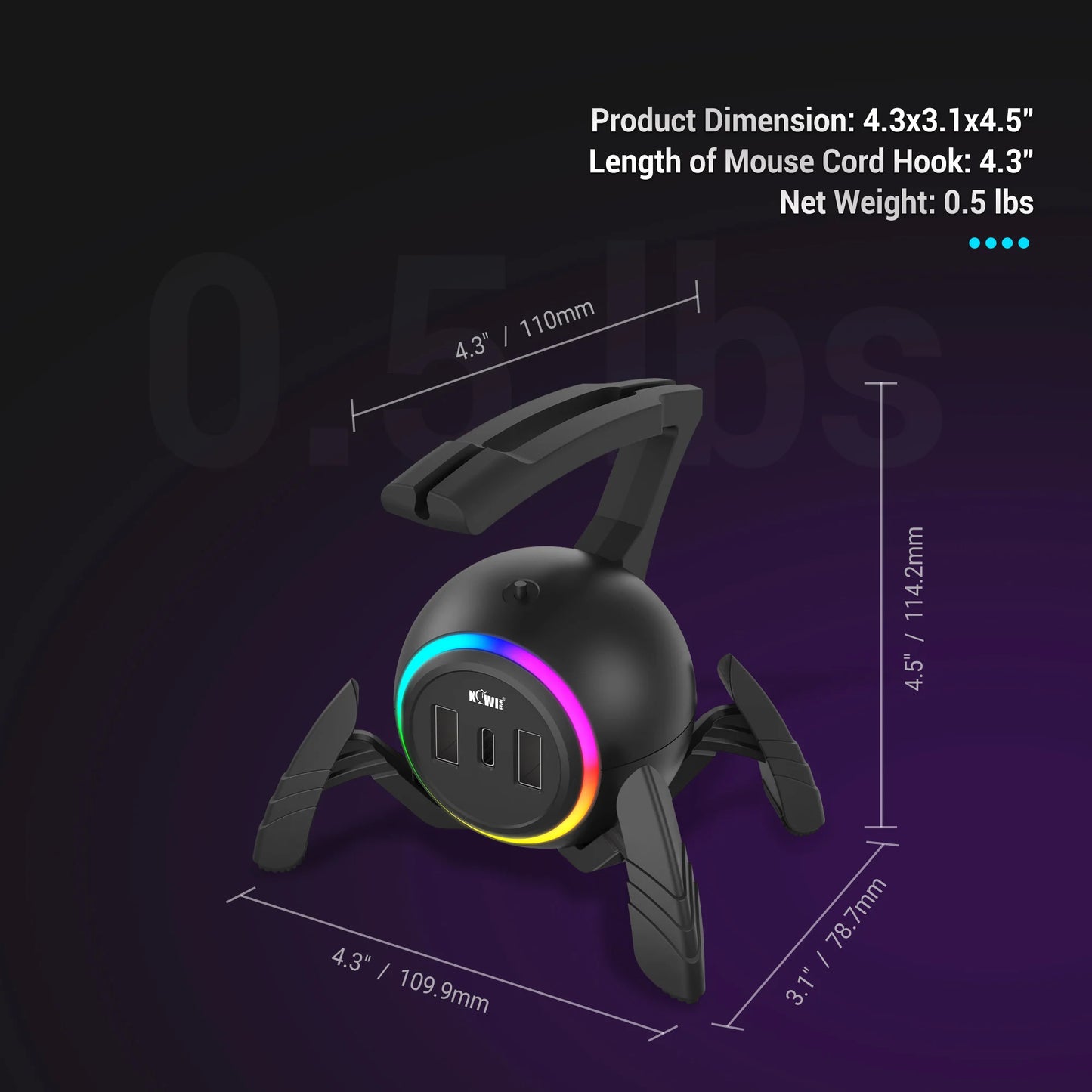 Mouse Bungee Mouse Cable Holder Cord Clip Wire Organizer Flexible for Mice Playing Esports Gaming with 3 USB Ports and RGB Light