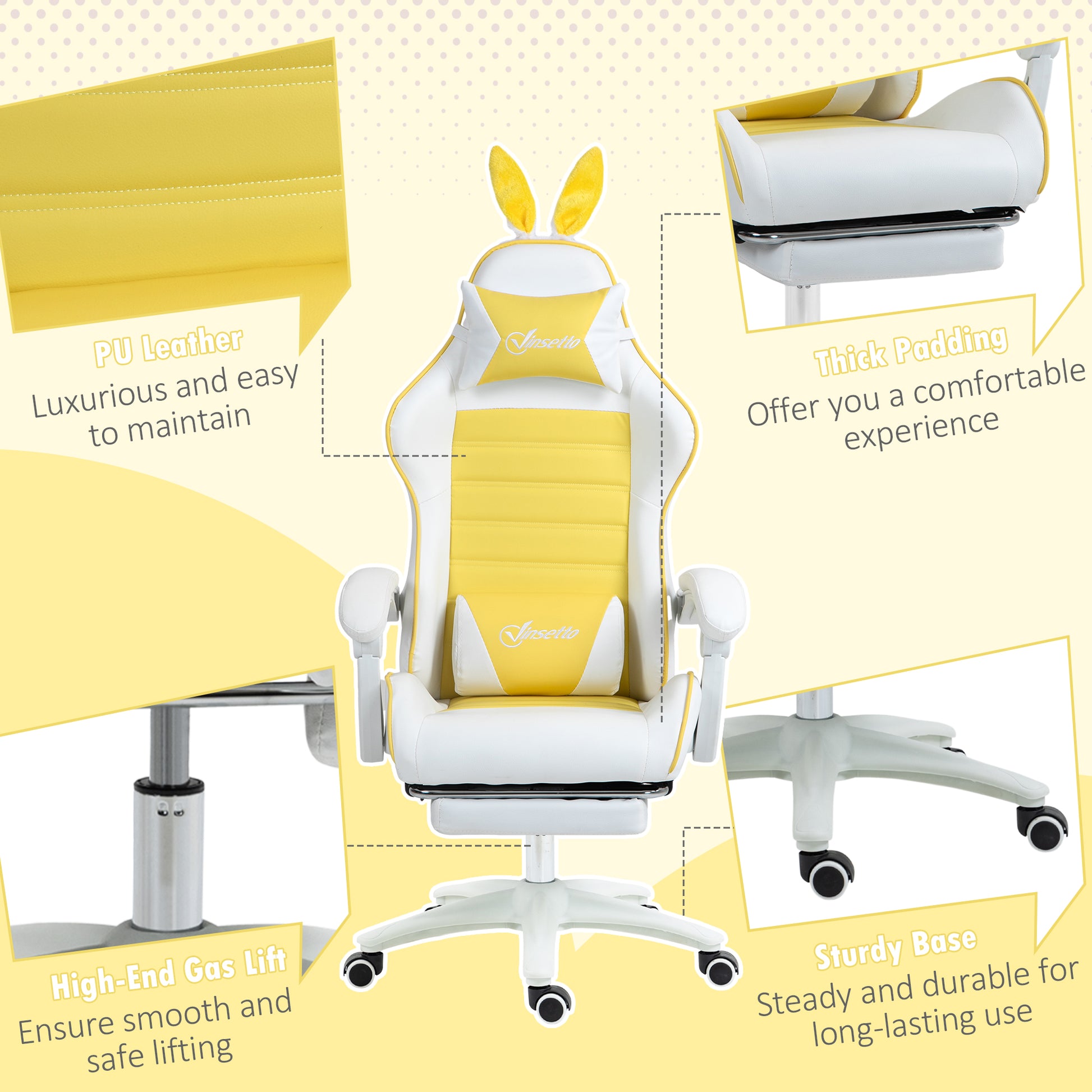 Racing Gaming Chair Reclining PU Leather Computer Chair with Headrest, Yellow