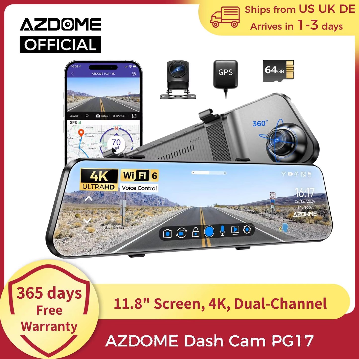 PG17 12" Wifi Mirror Dash Cam 4K Front and 1080P Rear View Mirror Camera for Cars Dual Camera Waterproof Backup Camera