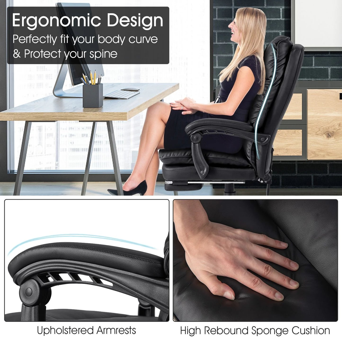 Ergonomic Adjustable High Back Rolling Computer Chair with Retractable Footrest