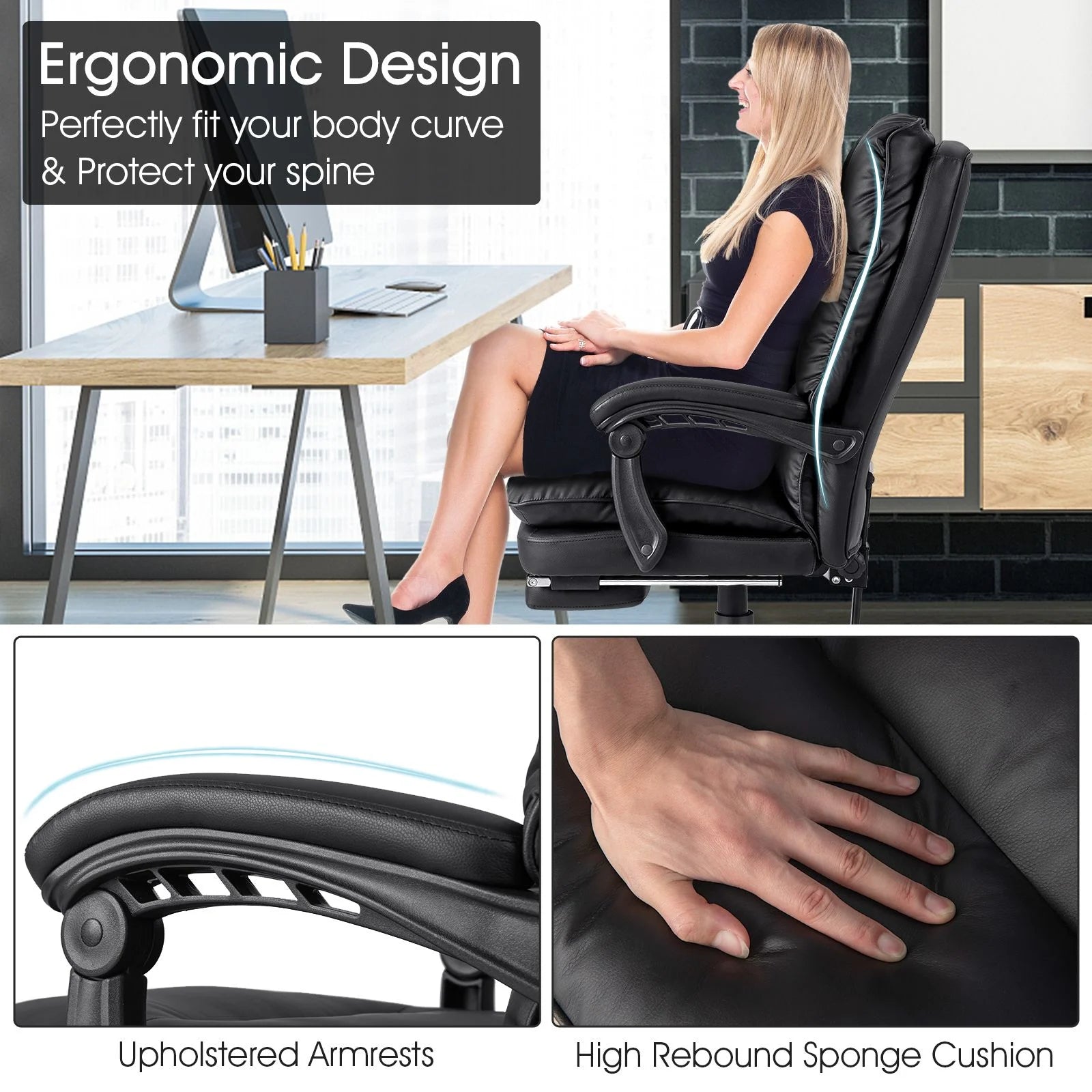 Ergonomic Adjustable High Back Rolling Computer Chair with Retractable Footrest