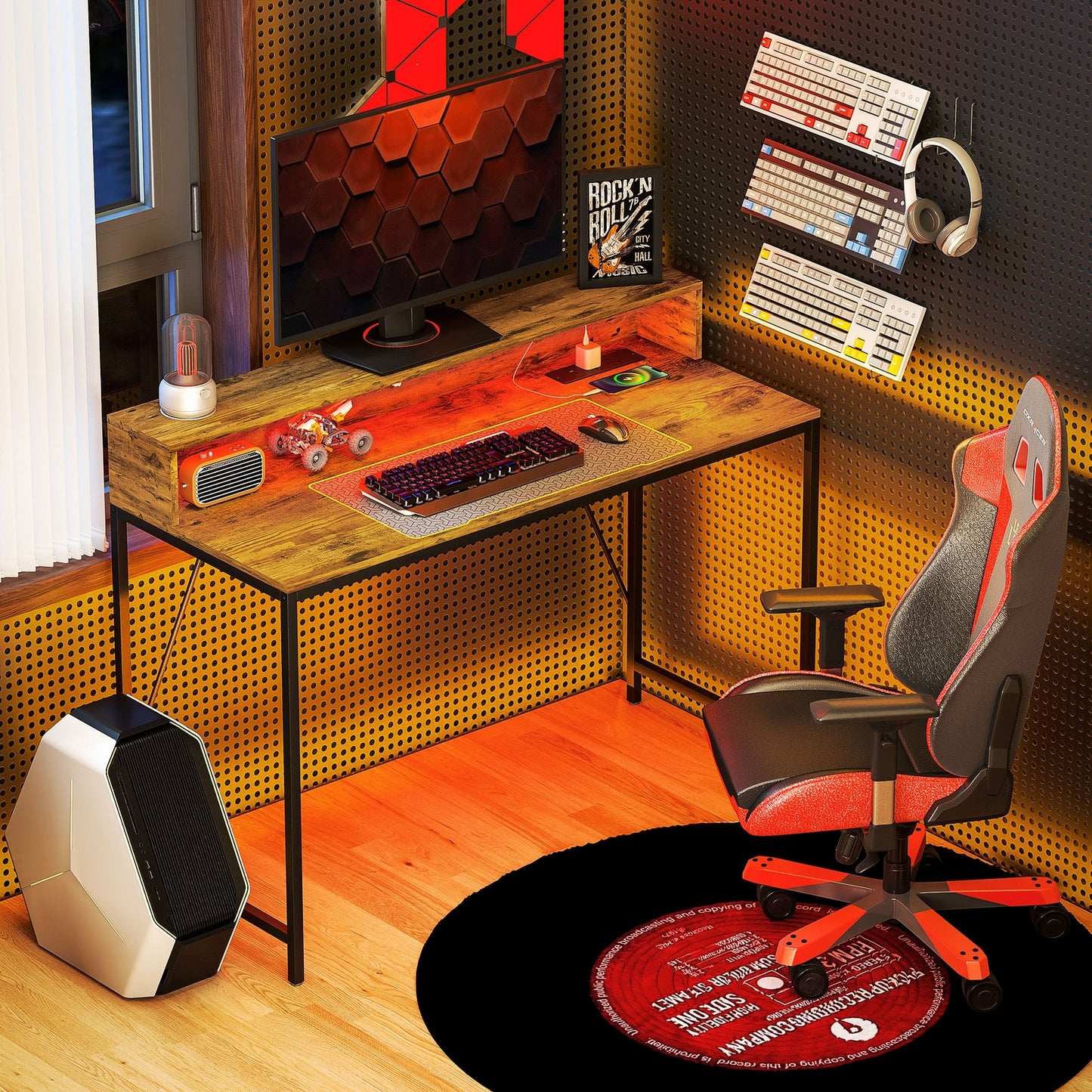 HOMCOM Computer Table with LED Lights, Gaming Desk with Shelf, Rustic Brown