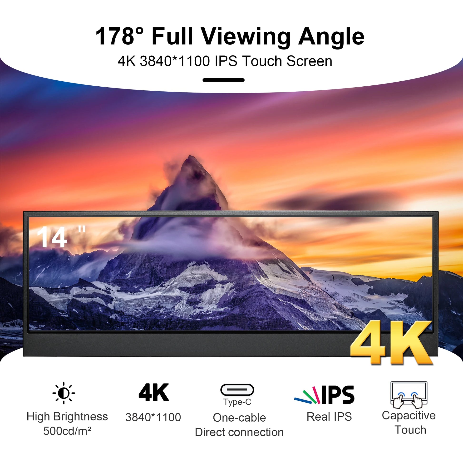 14 Inch Widescreen Stretched Bar Monitor 3840X1100 4K IPS LCD Monitor Aida64 Raspberry Pi Win10 11 PC Secondary Monitor