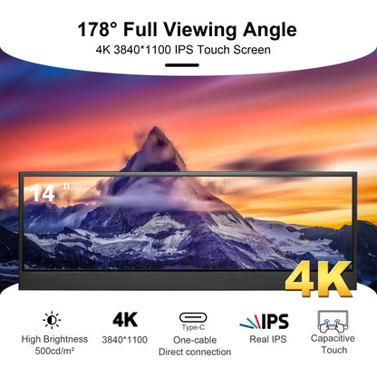 14 Inch Widescreen Stretched Bar Monitor 3840X1100 4K IPS LCD Monitor Aida64 Raspberry Pi Win10 11 PC Secondary Monitor