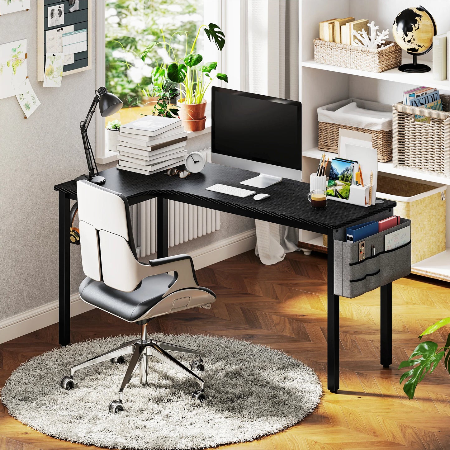 L-Shaped Corner Desk Computer with Fabric Bag and Hooks, Black
