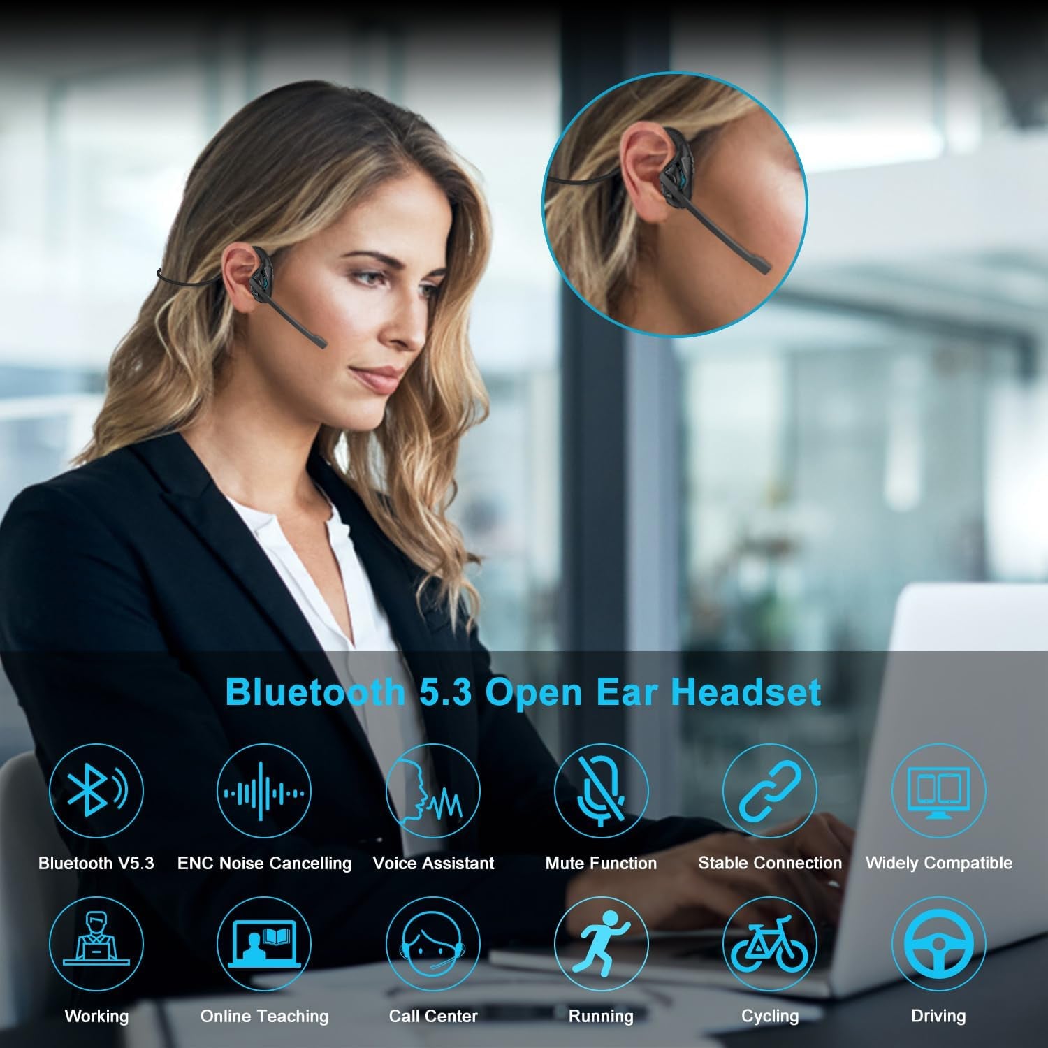 Idigmall Bluetooth 5.3 Headset with Microphone, Open Ear Headphones W/Noise Canc
