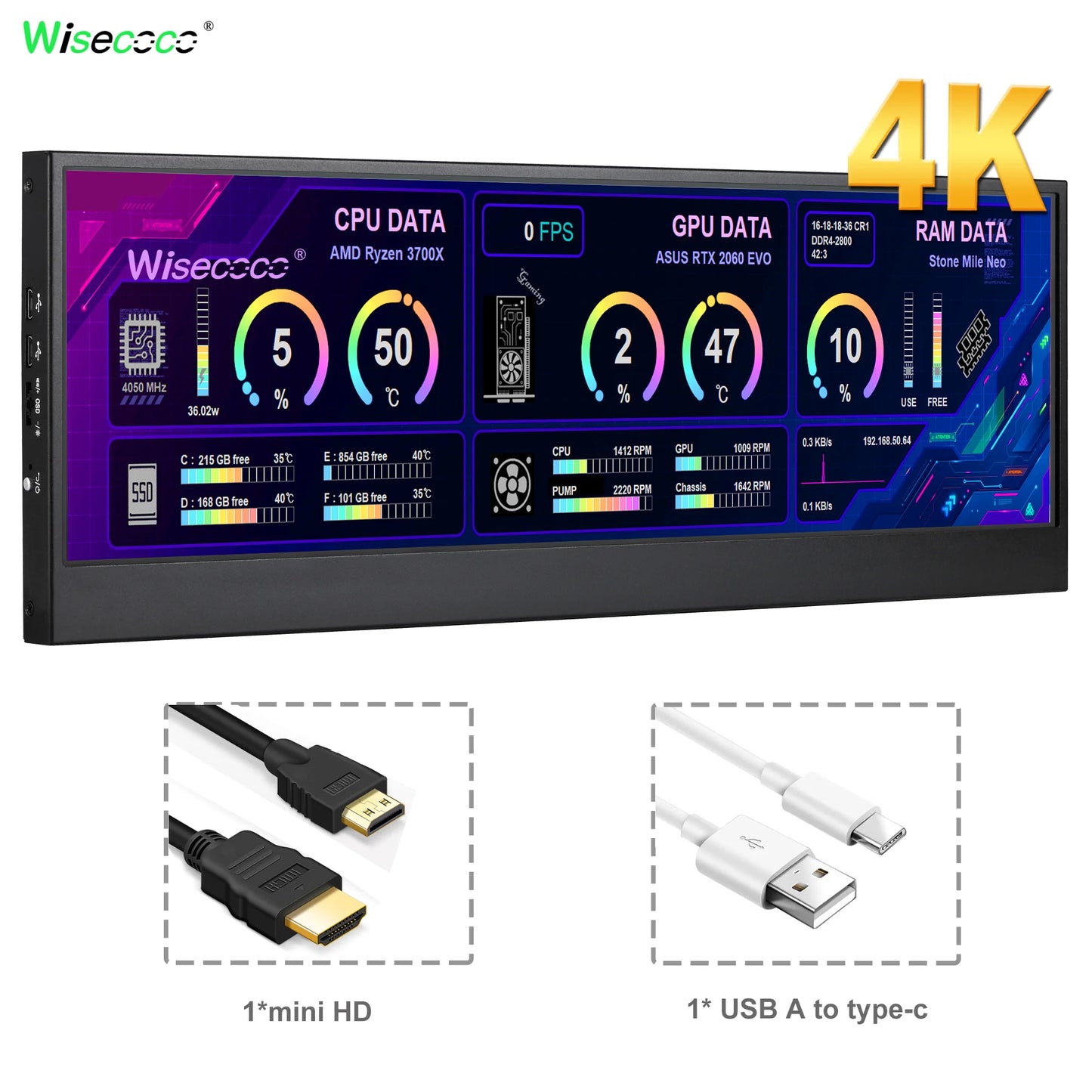 14 Inch Widescreen Stretched Bar Monitor 3840X1100 4K IPS LCD Monitor Aida64 Raspberry Pi Win10 11 PC Secondary Monitor