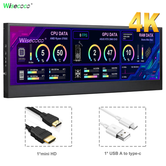 14 Inch Widescreen Stretched Bar Monitor 3840X1100 4K IPS LCD Monitor Aida64 Raspberry Pi Win10 11 PC Secondary Monitor
