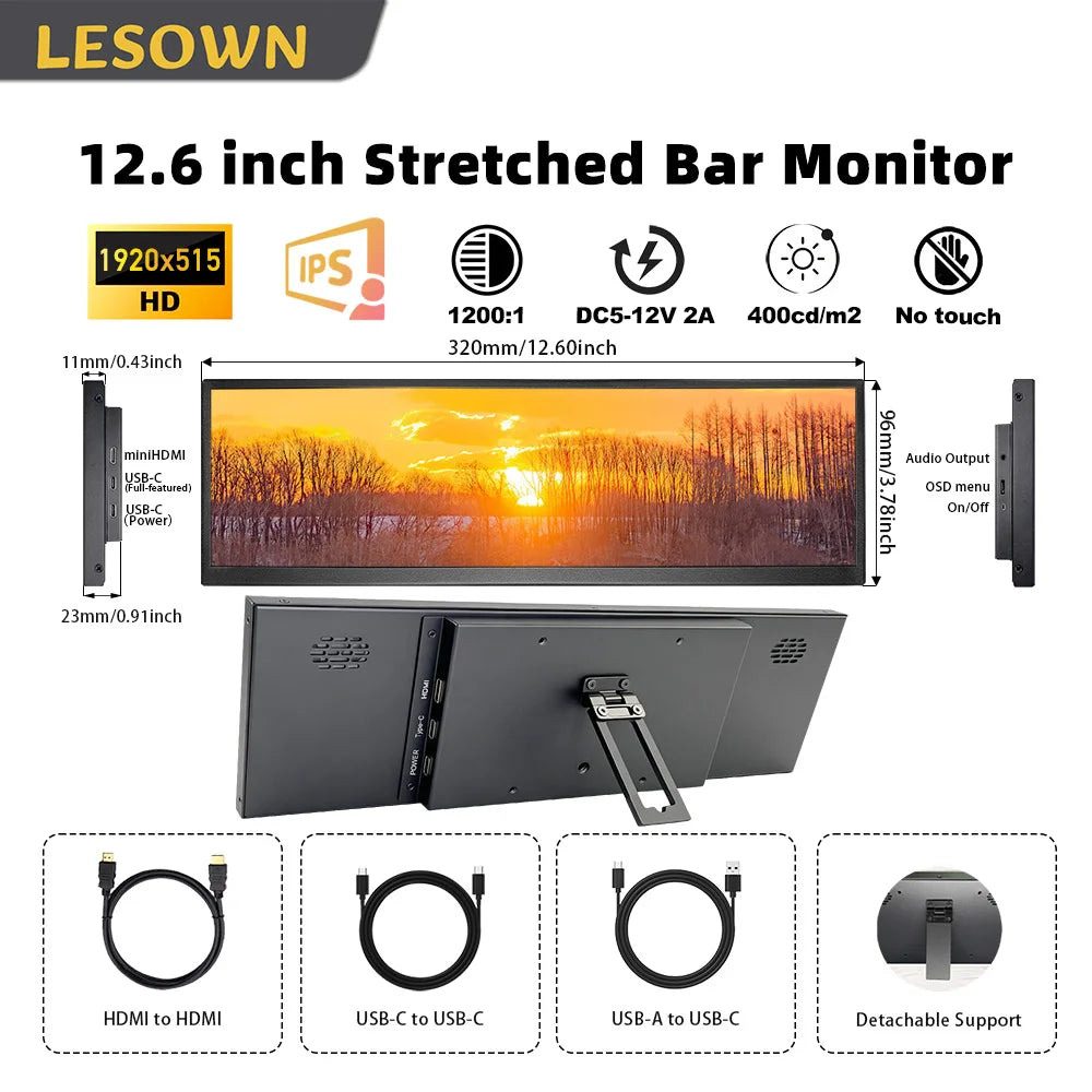 Ultra Widescreen Long Touch Monitor 8.8 12.6 Inch IPS 1920X480 Bar Stretched LCD Display for Windows PC Gaming Monitor