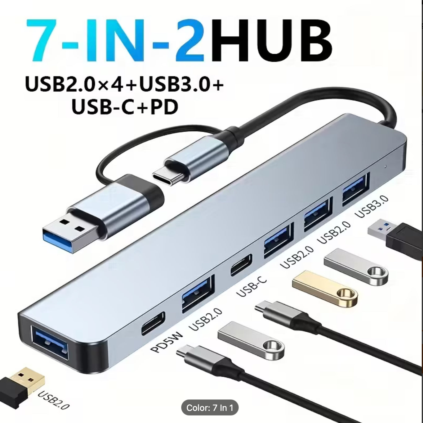 Docking Station 7-In-2 USB-C: 1X USB 3.0 + 4X USB 2.0, High-Speed for Pc/Tablets