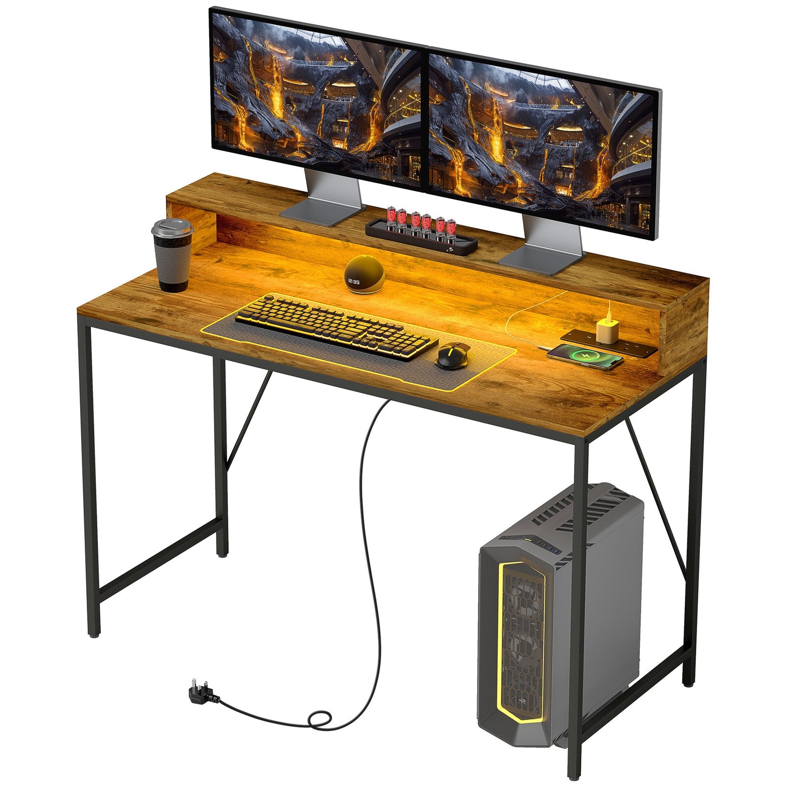 HOMCOM Computer Table with LED Lights, Gaming Desk with Shelf, Rustic Brown