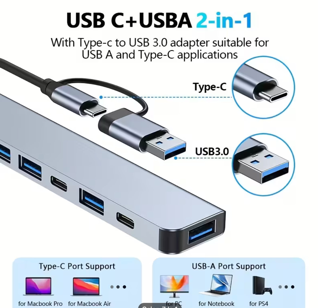 Docking Station 7-In-2 USB-C: 1X USB 3.0 + 4X USB 2.0, High-Speed for Pc/Tablets