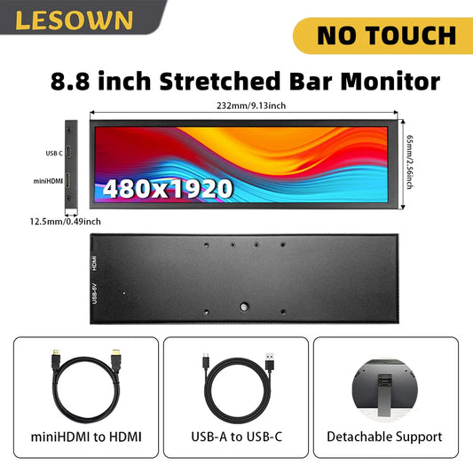 Ultra Widescreen Long Touch Monitor 8.8 12.6 Inch IPS 1920X480 Bar Stretched LCD Display for Windows PC Gaming Monitor