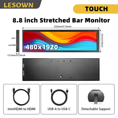 Ultra Widescreen Long Touch Monitor 8.8 12.6 Inch IPS 1920X480 Bar Stretched LCD Display for Windows PC Gaming Monitor
