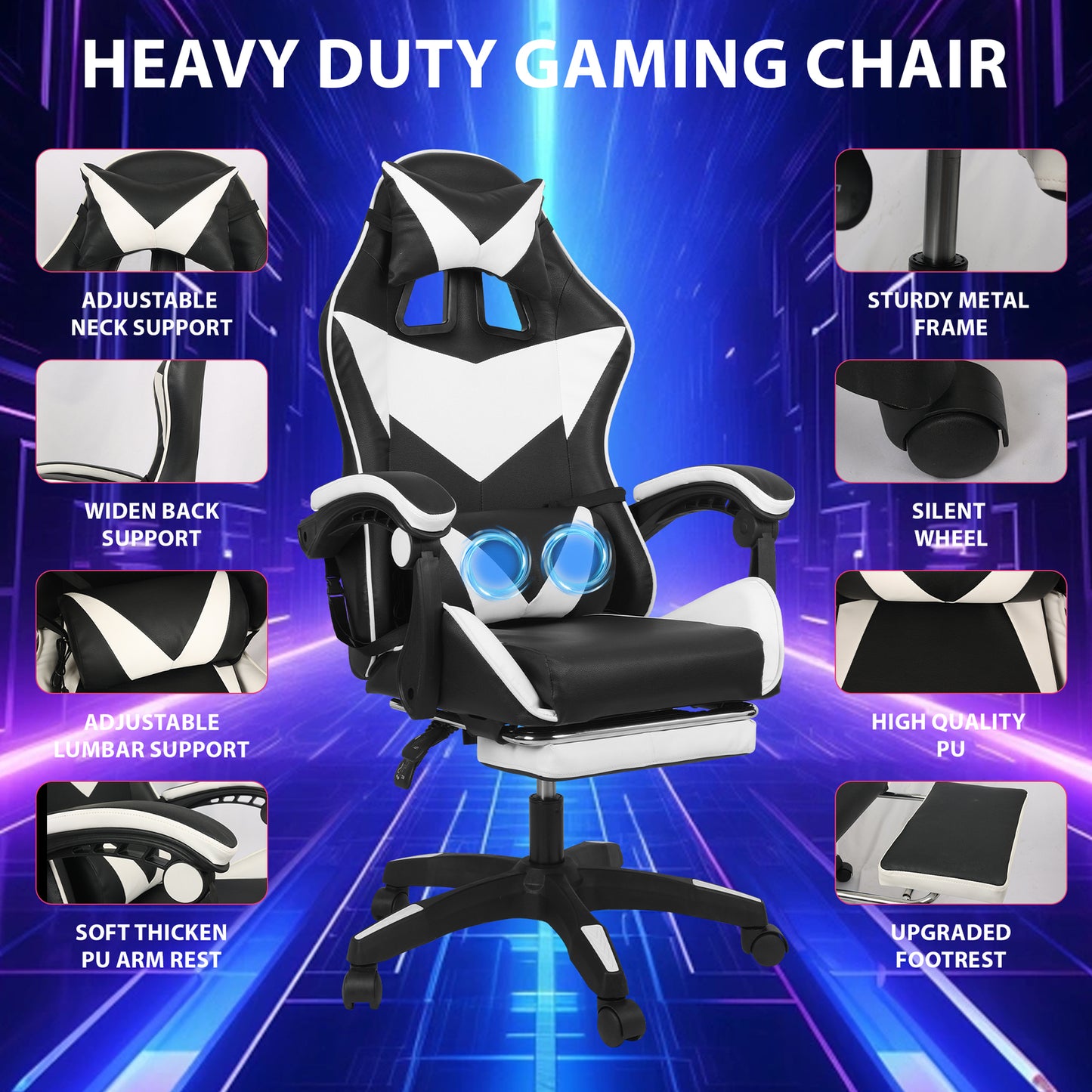 Swivel Gaming Chair Massage Chair with Footrest Lumbar Sports PC Computer Chairs