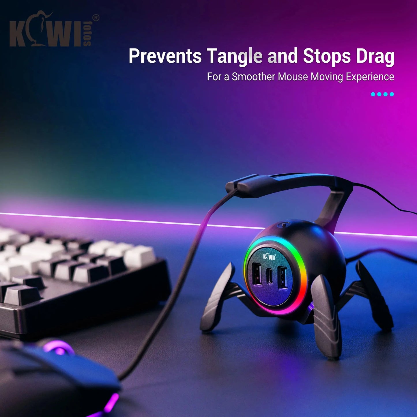 Mouse Bungee Mouse Cable Holder Cord Clip Wire Organizer Flexible for Mice Playing Esports Gaming with 3 USB Ports and RGB Light
