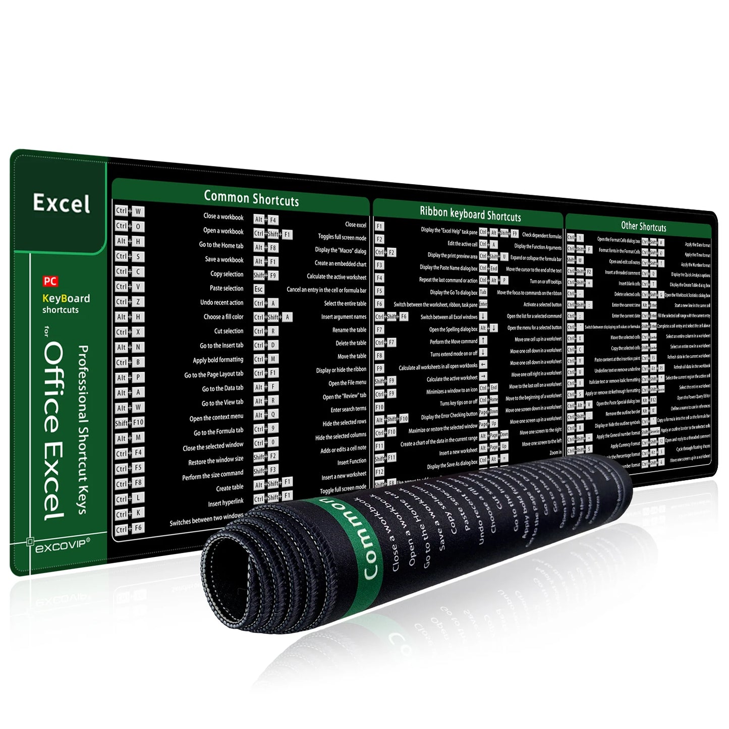 Excel Shortcuts Mouse Pad Large Extended Office Computer Desk Mat Big Keyboard Mousepad with Stitched Edge Non-Slip Base