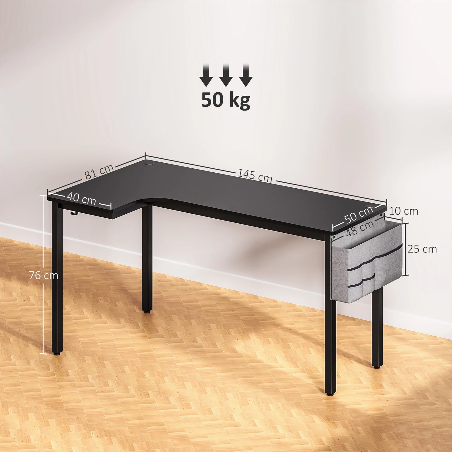 L-Shaped Corner Desk Computer with Fabric Bag and Hooks, Black