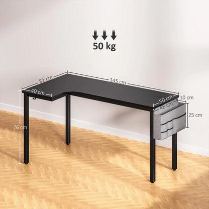 L-Shaped Corner Desk Computer with Fabric Bag and Hooks, Black