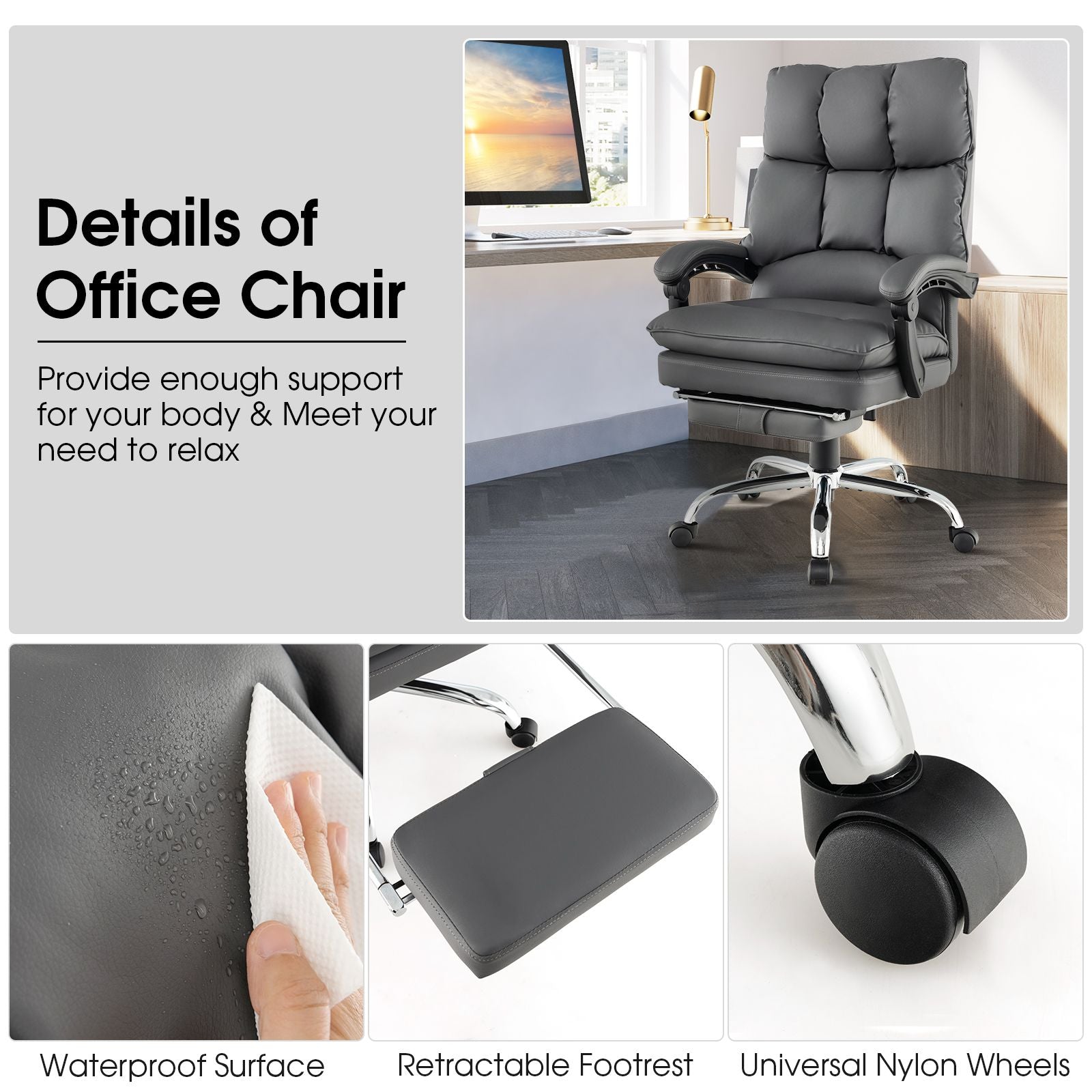 Ergonomic Adjustable High Back Rolling Computer Chair with Retractable Footrest