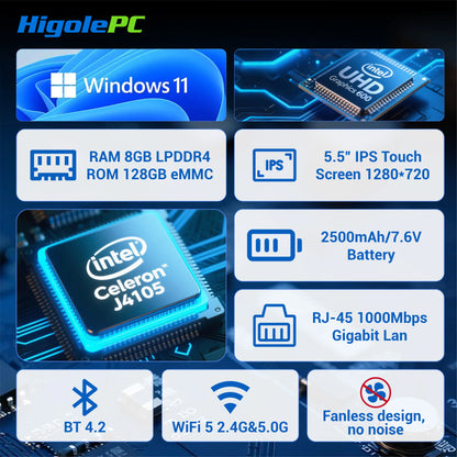 Gole 1 Pro 5.5'' Fanless Mini PC Intel J4105 Windows 11 Wifi5 8G 128G 2500Mah with Screen Laptop Desktop PC Mini Computer