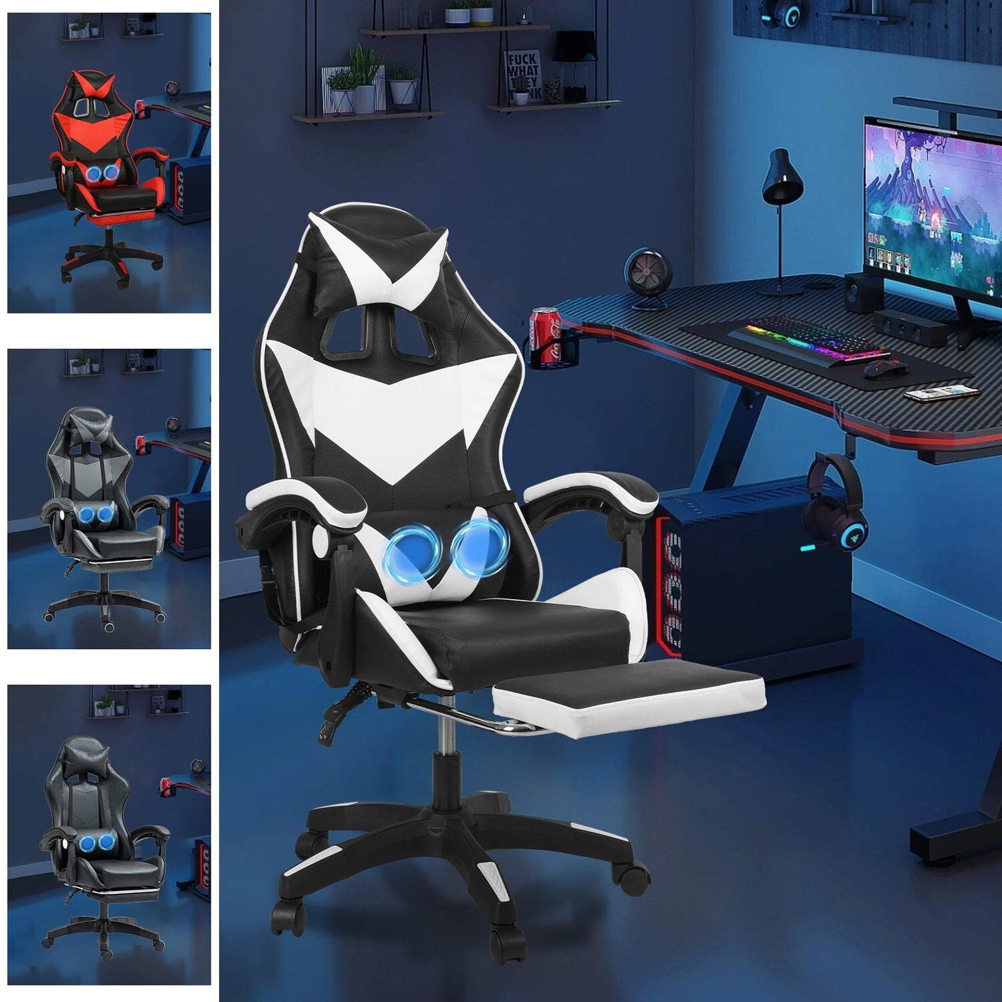 Swivel Gaming Chair Massage Chair with Footrest Lumbar Sports PC Computer Chairs