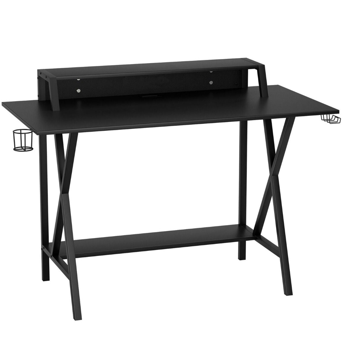 X- Shaped Ergonomic Gaming Computer Desk with Cup Holder and Monitor Riser