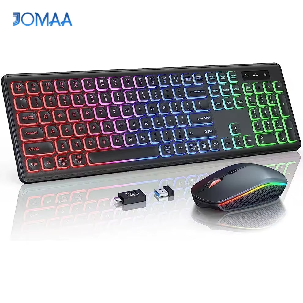2.4G Wireless Keyboard Mouse Combo RGB Backlit Rechargeable Full-Size Ergonomic Type-C Wireless Keyboard Mouse Set
