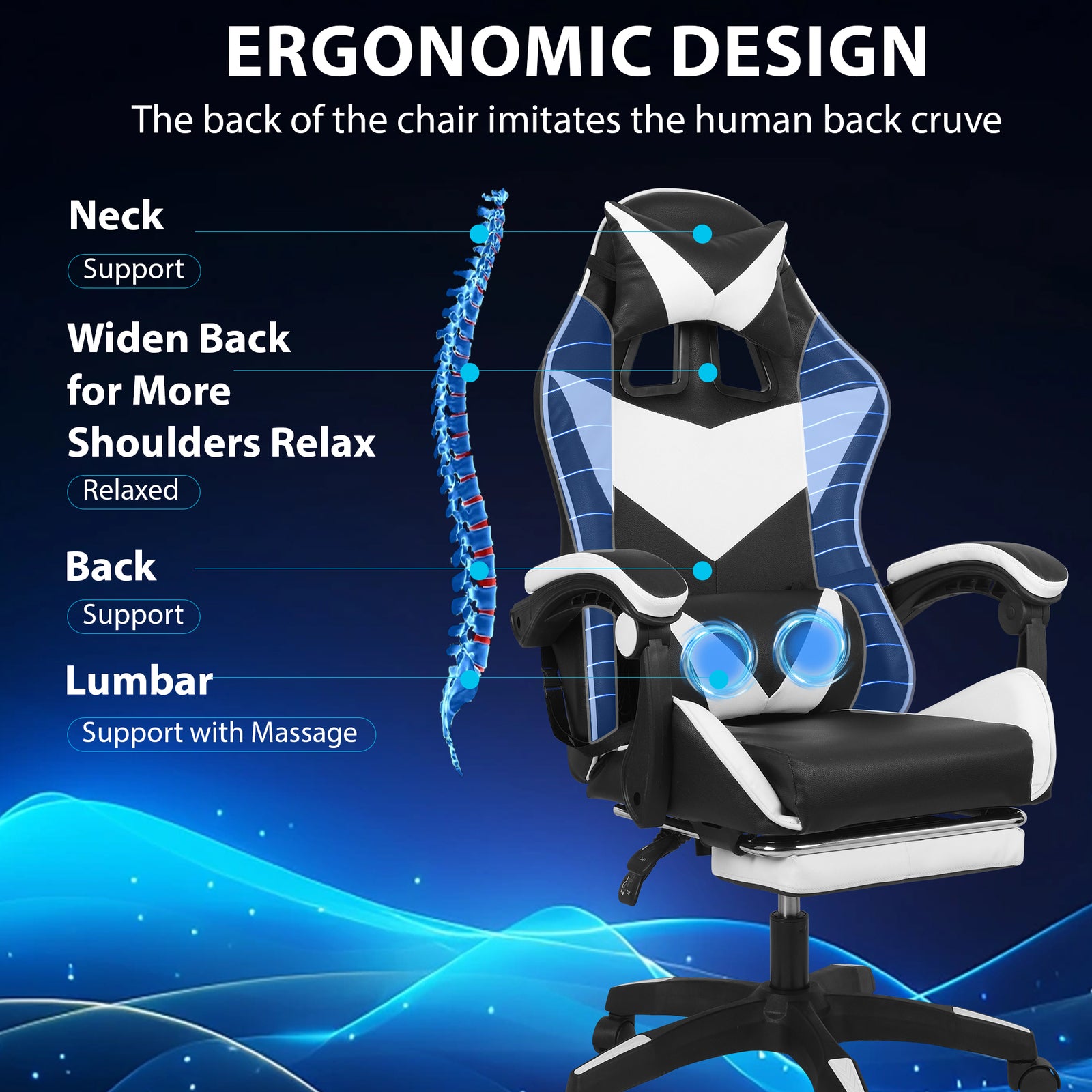 Swivel Gaming Chair Massage Chair with Footrest Lumbar Sports PC Computer Chairs