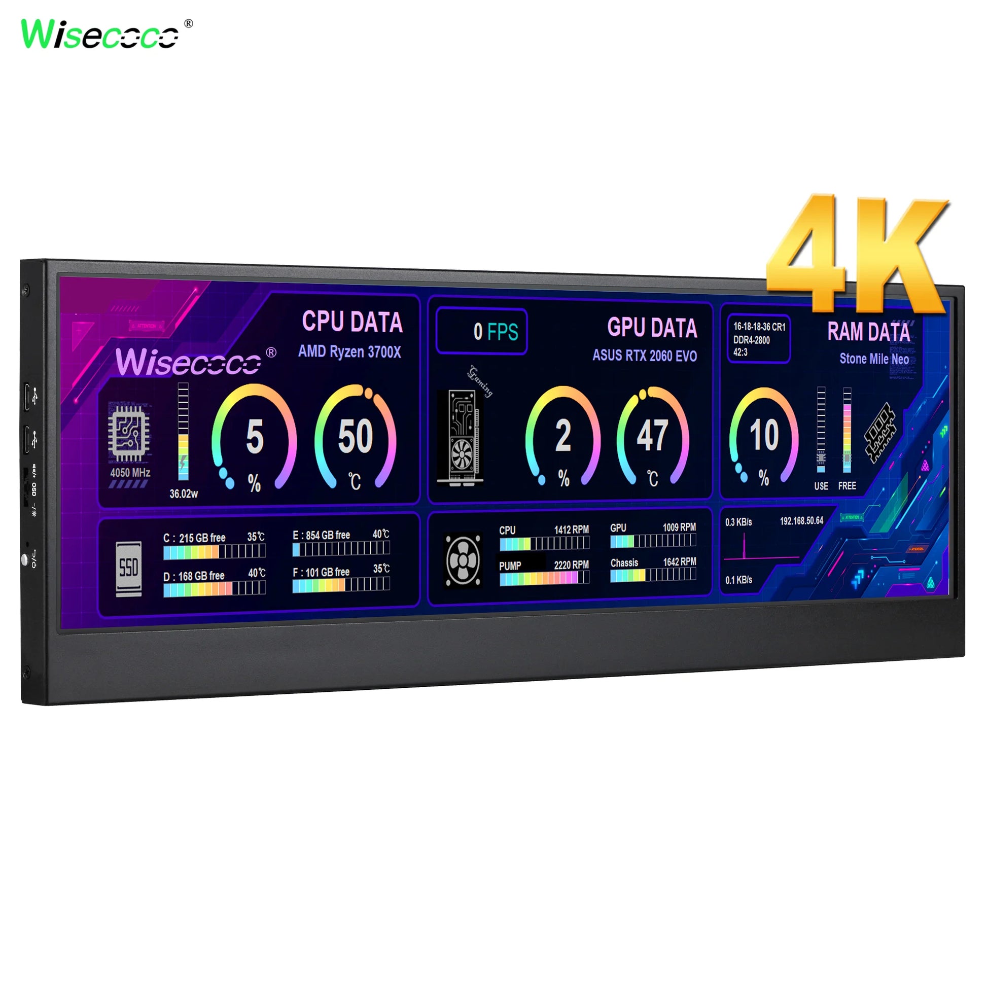 14 Inch Widescreen Stretched Bar Monitor 3840X1100 4K IPS LCD Monitor Aida64 Raspberry Pi Win10 11 PC Secondary Monitor
