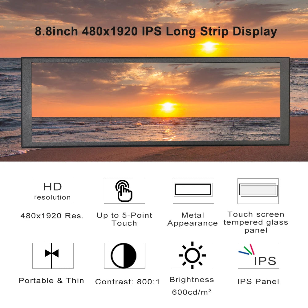 Ultra Widescreen Long Touch Monitor 8.8 12.6 Inch IPS 1920X480 Bar Stretched LCD Display for Windows PC Gaming Monitor