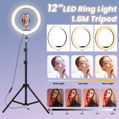 12" 14" Ring Light with Tripod Stand & Phone Holder Selfie Ring Light Live Video