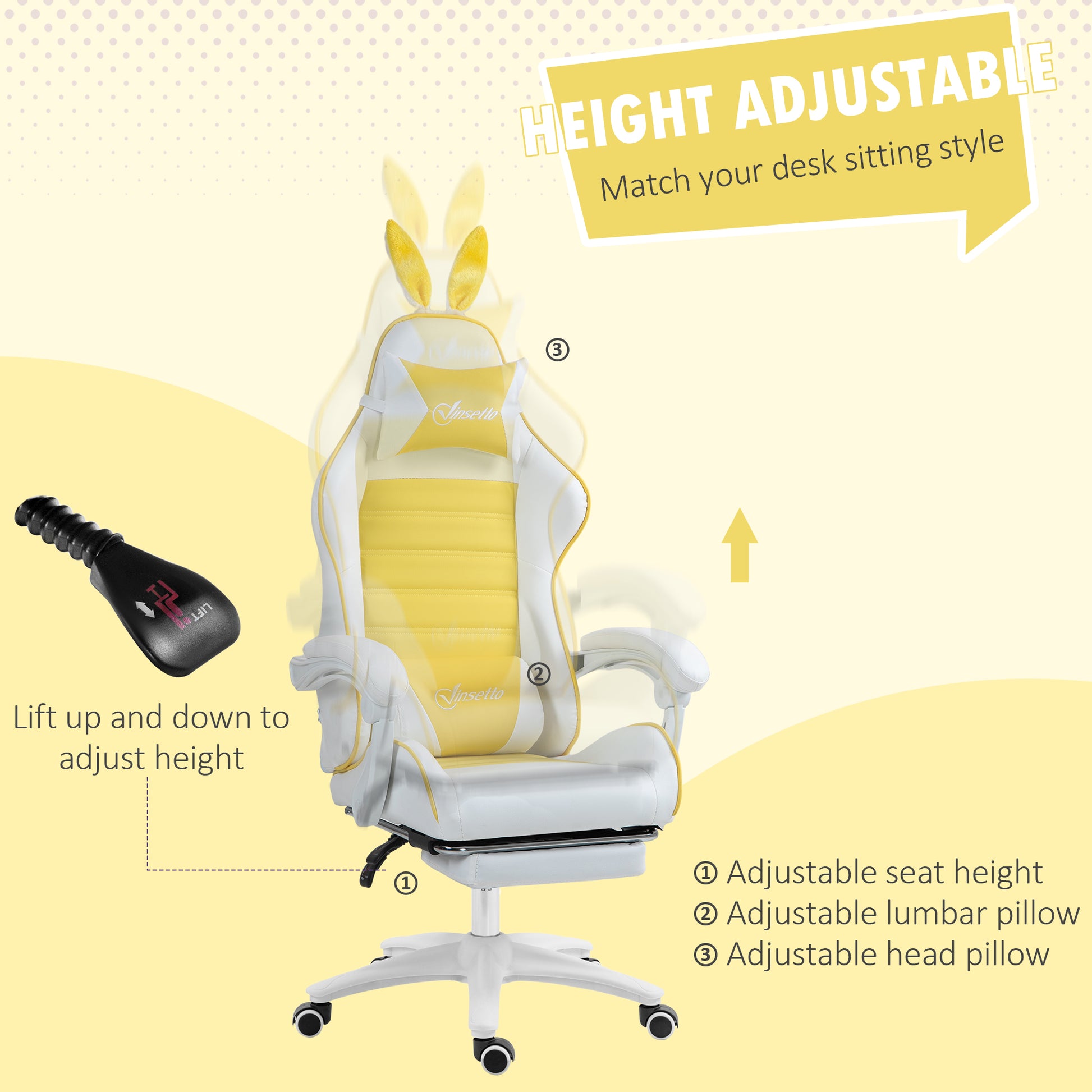 Racing Gaming Chair Reclining PU Leather Computer Chair with Headrest, Yellow