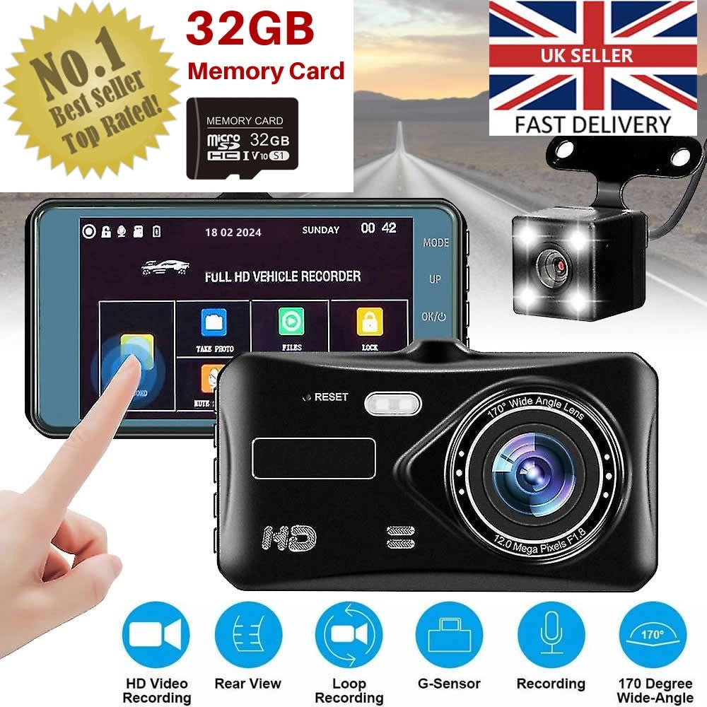 Car Dash Cam Front and Rear Camera HD 1080P Nightvision with 32GB SD Memory Card