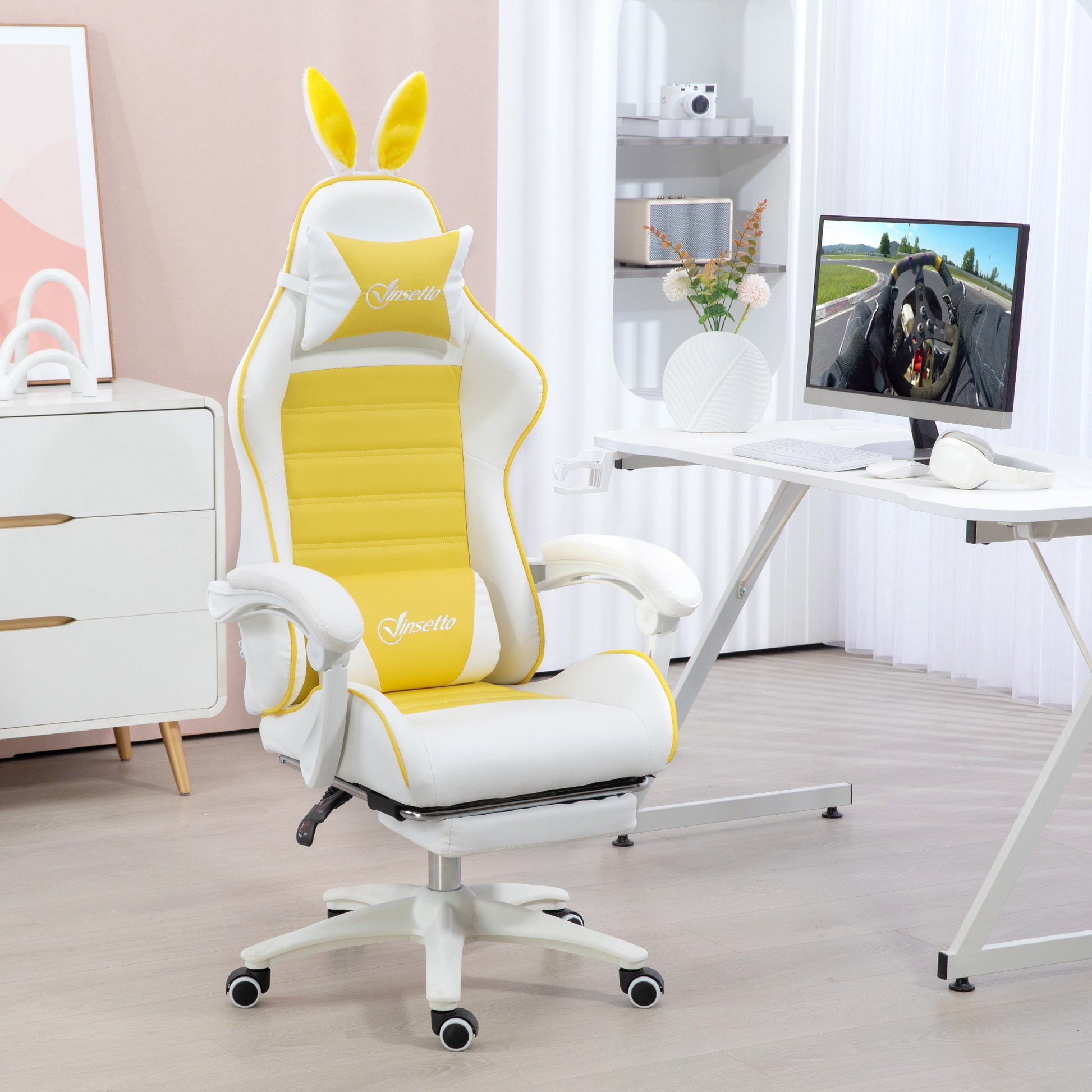 Racing Gaming Chair Reclining PU Leather Computer Chair with Headrest, Yellow