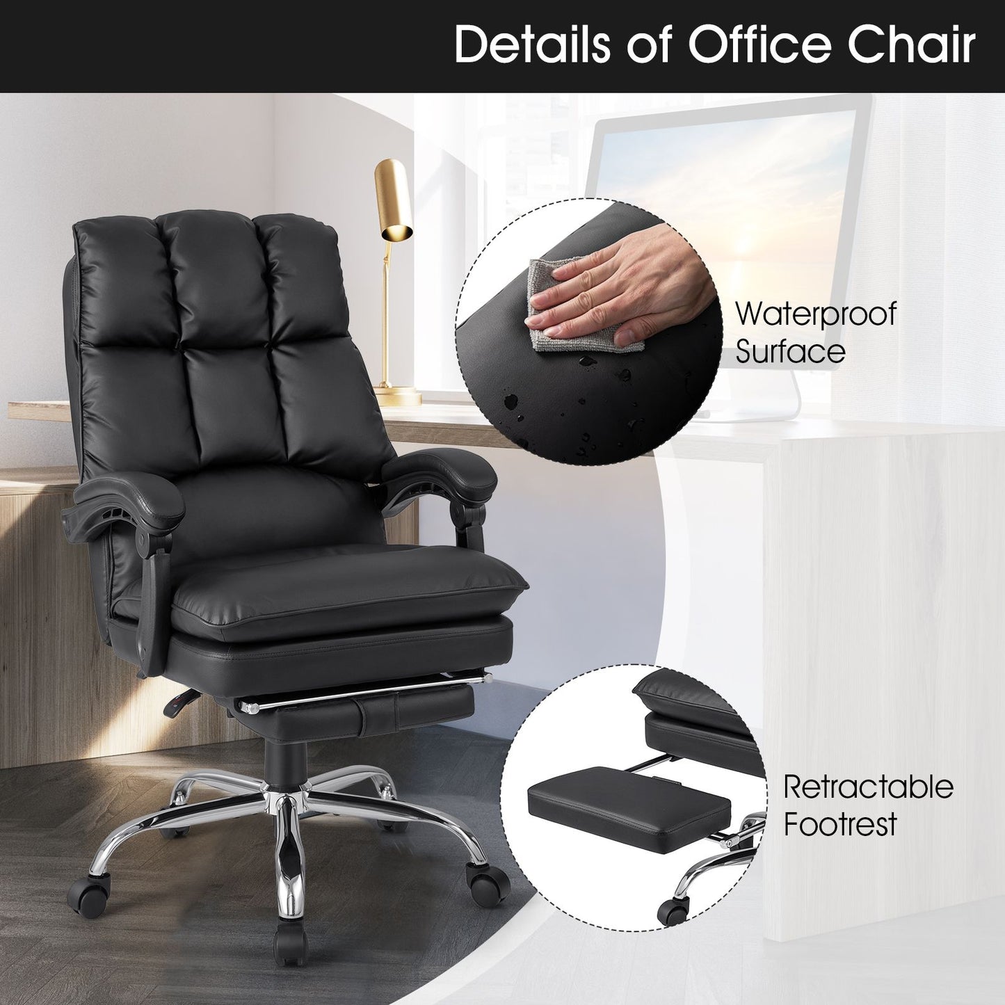 Ergonomic Adjustable High Back Rolling Computer Chair with Retractable Footrest