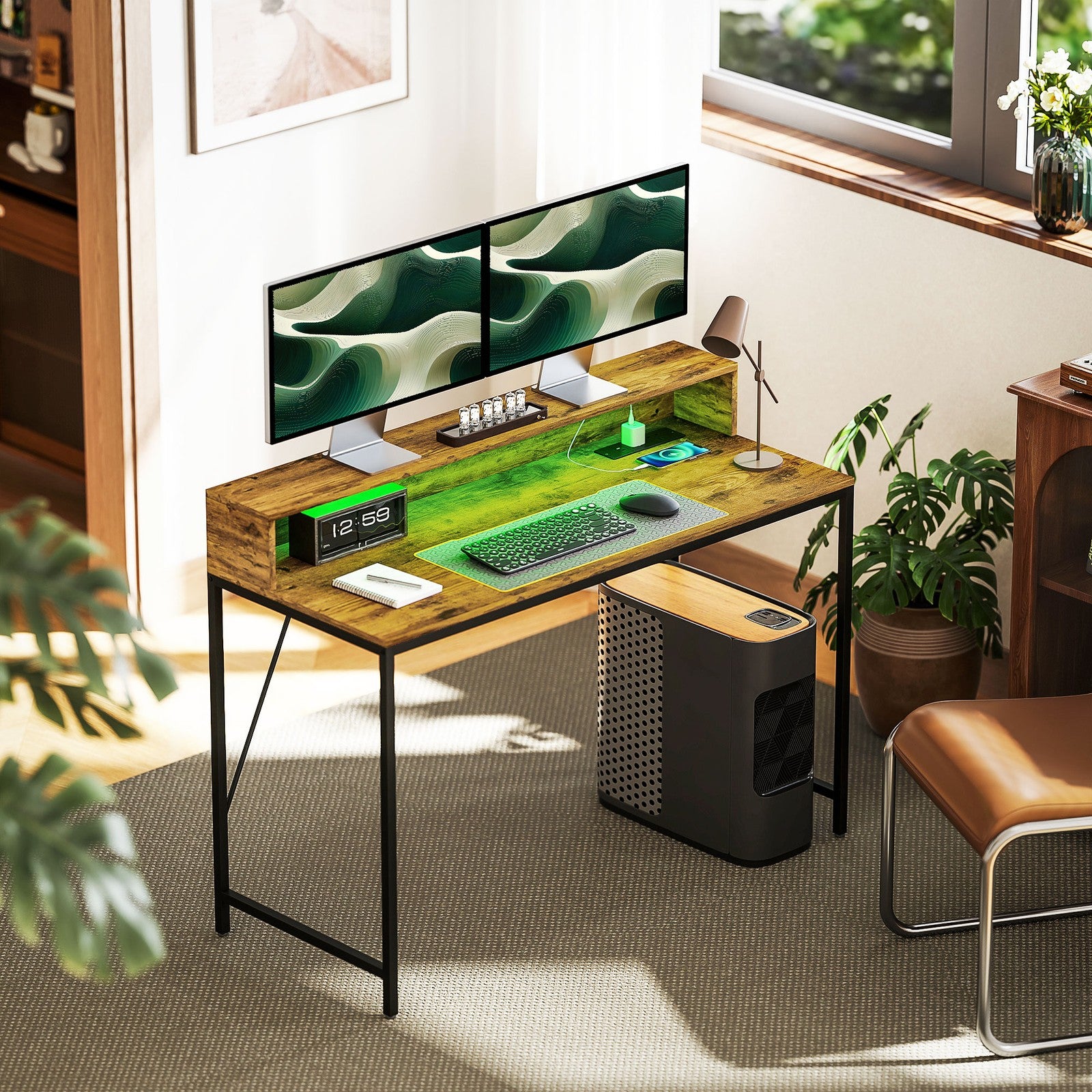 HOMCOM Computer Table with LED Lights, Gaming Desk with Shelf, Rustic Brown