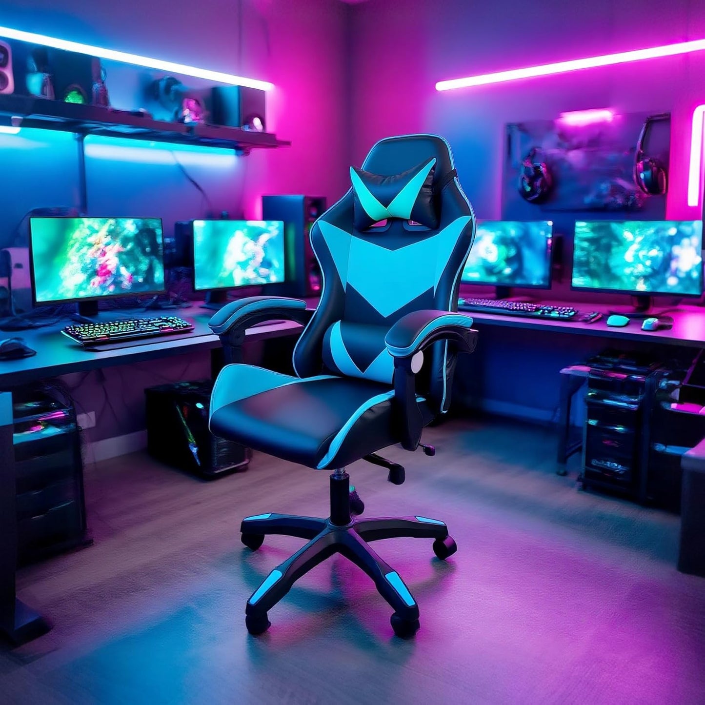 Swivel Gaming Chair PU Leather Home Office Chair W/ Footrest Computer PC Chair
