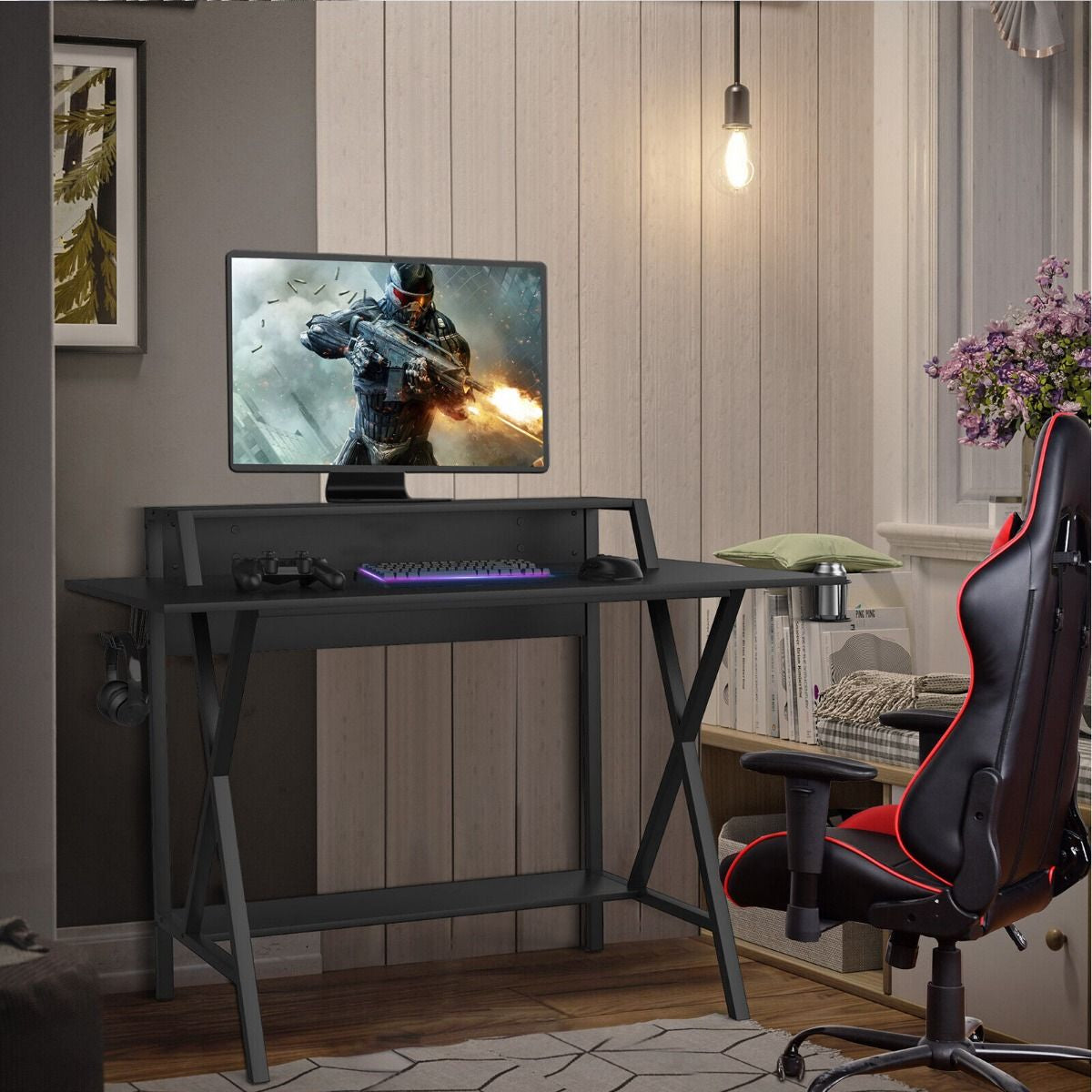 X- Shaped Ergonomic Gaming Computer Desk with Cup Holder and Monitor Riser