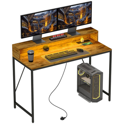 HOMCOM Computer Table with LED Lights, Gaming Desk with Shelf, Rustic Brown