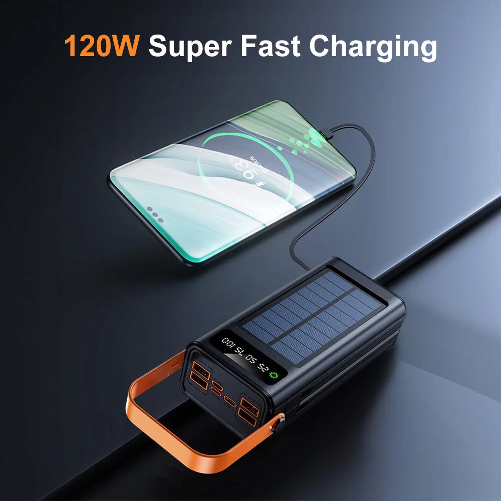 50000Mah Solar Panel Power Bank Fast Charging Comes with Four Wire External Battery Pack Large Capacity Mobile Power