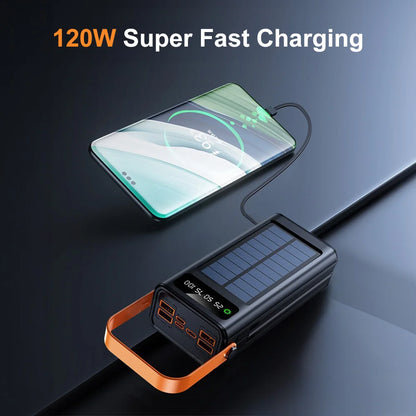 50000Mah Solar Panel Power Bank Fast Charging Comes with Four Wire External Battery Pack Large Capacity Mobile Power