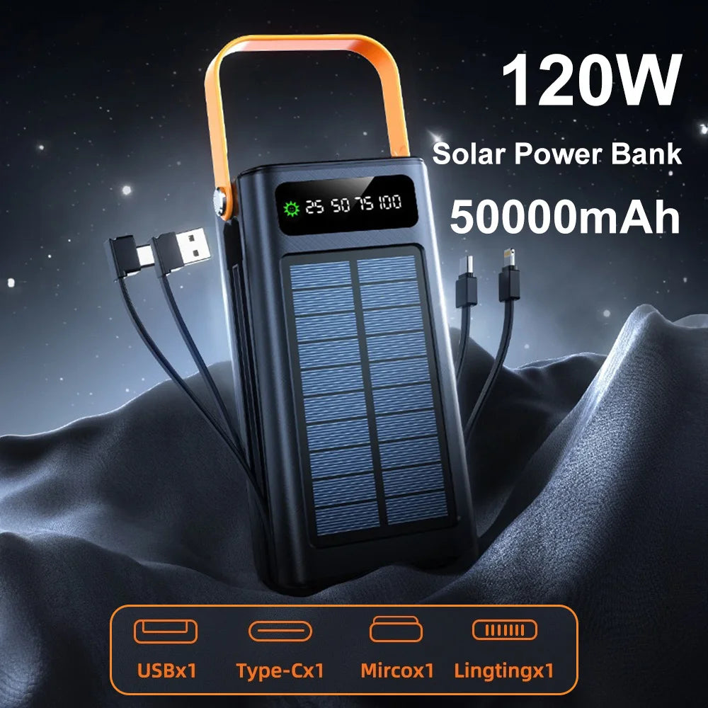 50000Mah Solar Panel Power Bank Fast Charging Comes with Four Wire External Battery Pack Large Capacity Mobile Power